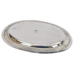 American silver tray, of plain oval form with embossed rim engraved to underside with monogram, stamped Sterling with maker's marks for Gorham, W24cm, L36cm