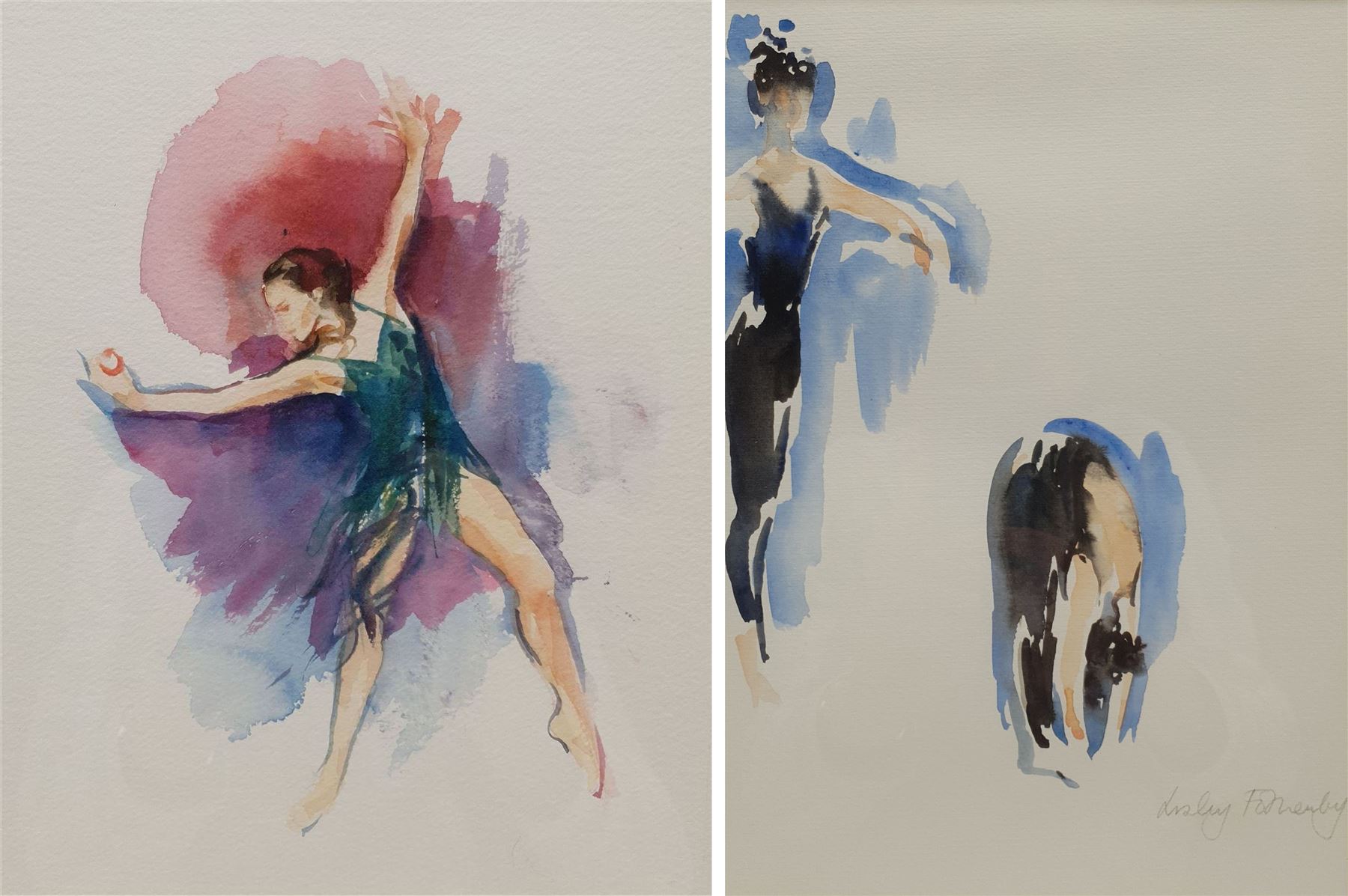 Lesley Fotherby (British 1946-): 'Cath Stretching and Bending' and 'Morgan - Study I', two watercolours signed, titled verso on gallery labels 27cm x 19cm and 25cm x 20cm (2)
Provenance: purchased by the vendor from Chris Beetles, London