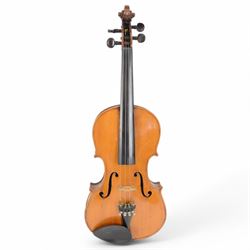 Early 20th century violin, copy of a Franciscus Gobetti, with a maple back and spruce top with ebonised fittings, in a hard velvet lined case with bow.