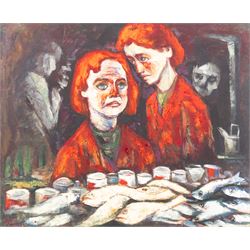 Zhijun Ren (Chinese 1948-): Surreal Portraits and Views, seven oils on canvas variously signed and inscribed, larger examples 55cm x 66cm (7)