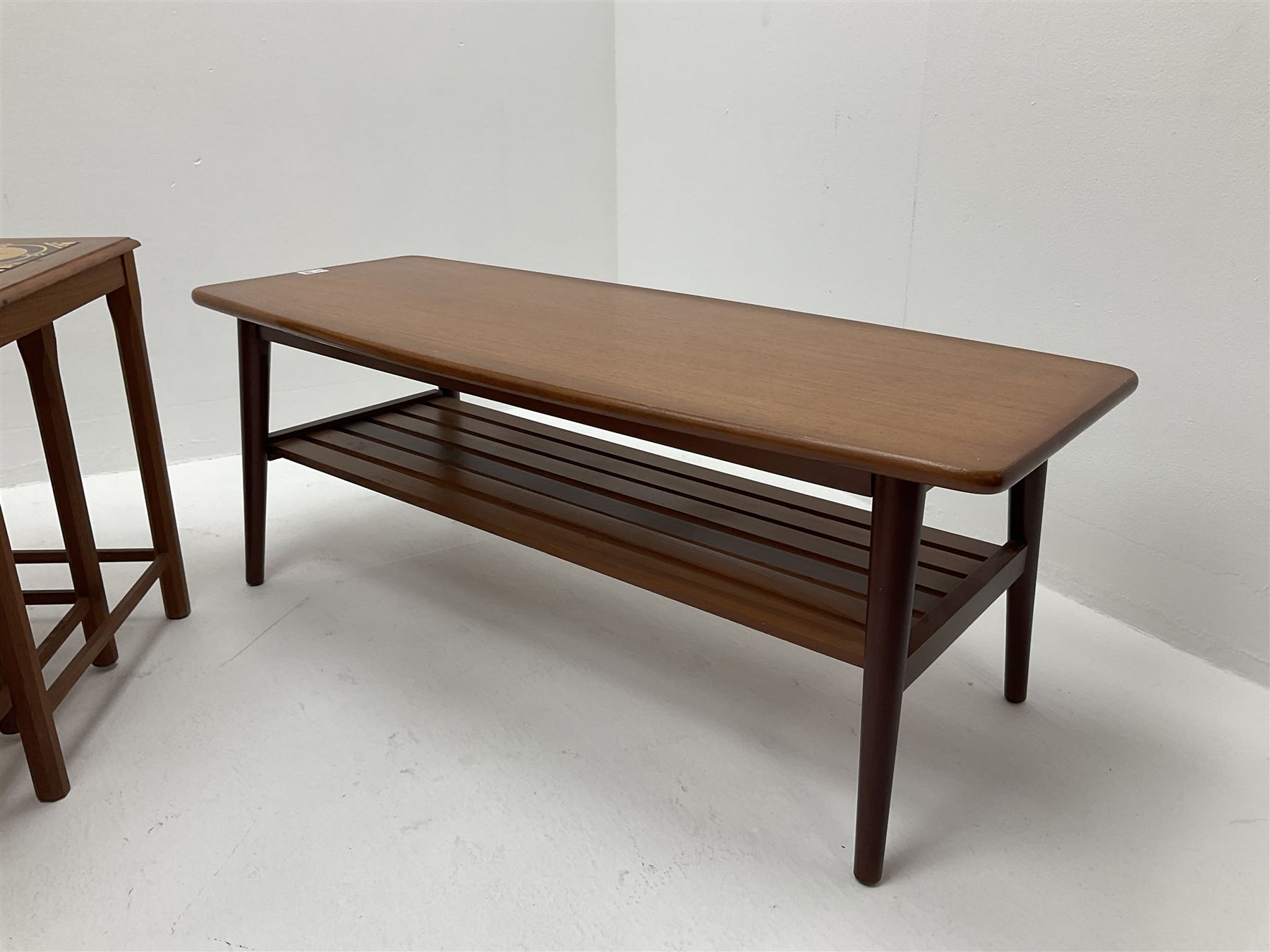 Retro teak record coffee table and nest of tiled top occasional tables The
