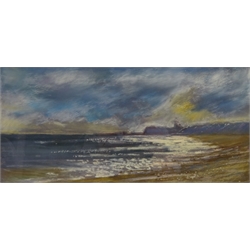  Whitby from Sandsend, pastel signed by Linda Lupton (Member of The Fylingdales Group) 17cm x 36.5cm  