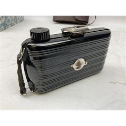 Bilora Boy Box Camera, with leather case, together with Zeiss Ikonta folding camera and another similar example 