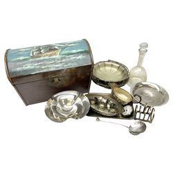 Wooden twin handled box with painted ship decoration to the lid, together with glass decanter and a collection of silver plate, box H29cm