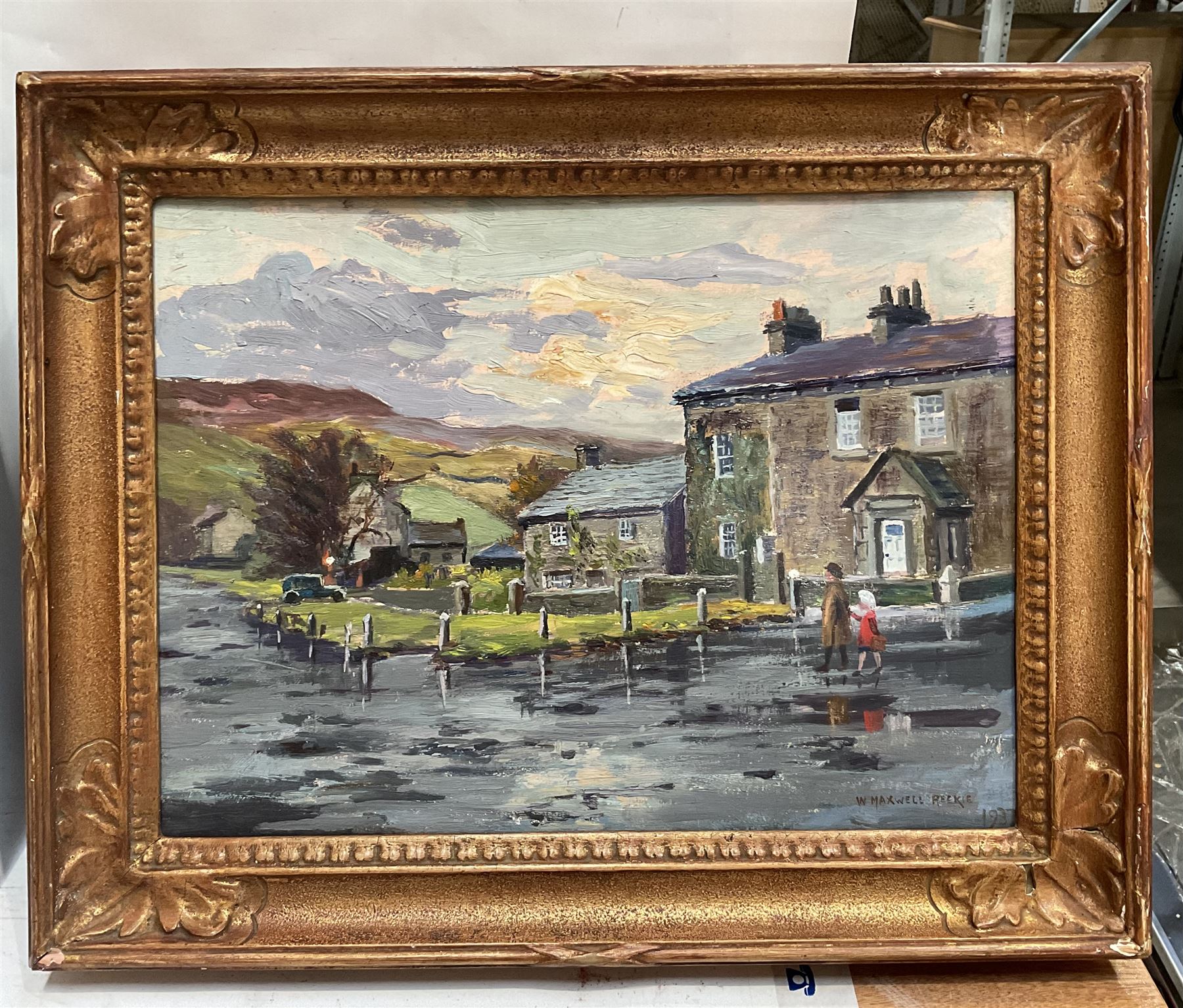 William Maxwell Reekie (British 1869–1948): 'A Wet Day - Burnsall', oil on board signed and dated 1937, indistinctly inscribed verso 29cm x 39cm 