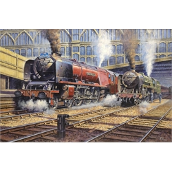  Robert Nixon (British 1955-): The Royal Scot 'City of Carlisle' Locomotive leaving Carlisle Station, oil on canvas signed 59cm x 90cm  DDS - Artist's resale rights may apply to this lot    