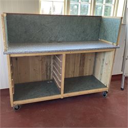 Mobile wooden serving/preparation trolley, with tray slides, plus side pieces - THIS LOT IS TO BE COLLECTED BY APPOINTMENT FROM DUGGLEBY STORAGE, GREAT HILL, EASTFIELD, SCARBOROUGH, YO11 3TX