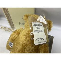 Steiff mohair Zicky goat kid, circa 1960, Steiff Club miniature elephant no. 9 modelled on an original from the 1920s with bell and finger pull, in box, two Dean`s Rag Book Co. teddy bears comprising Hardy and Hampton, with certificates, Merrythought 'Still Hope' mohair bear WJ14GG limited edition 191/2950 with growler, certificate and box, and three further stuffed animals comprising a nodding example in recumbent position, One of Sam's mohair black bear and seated dog (8)