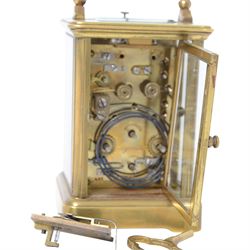 French 8-day timepiece carriage clock with brass case with four bevelled glass panels, 11cm
