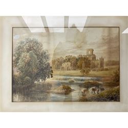 English School (19th century): Abbey Ruins with Watering Cattle, watercolour signed AC and dated 1892 , 34cm x 49cm together with a mirror