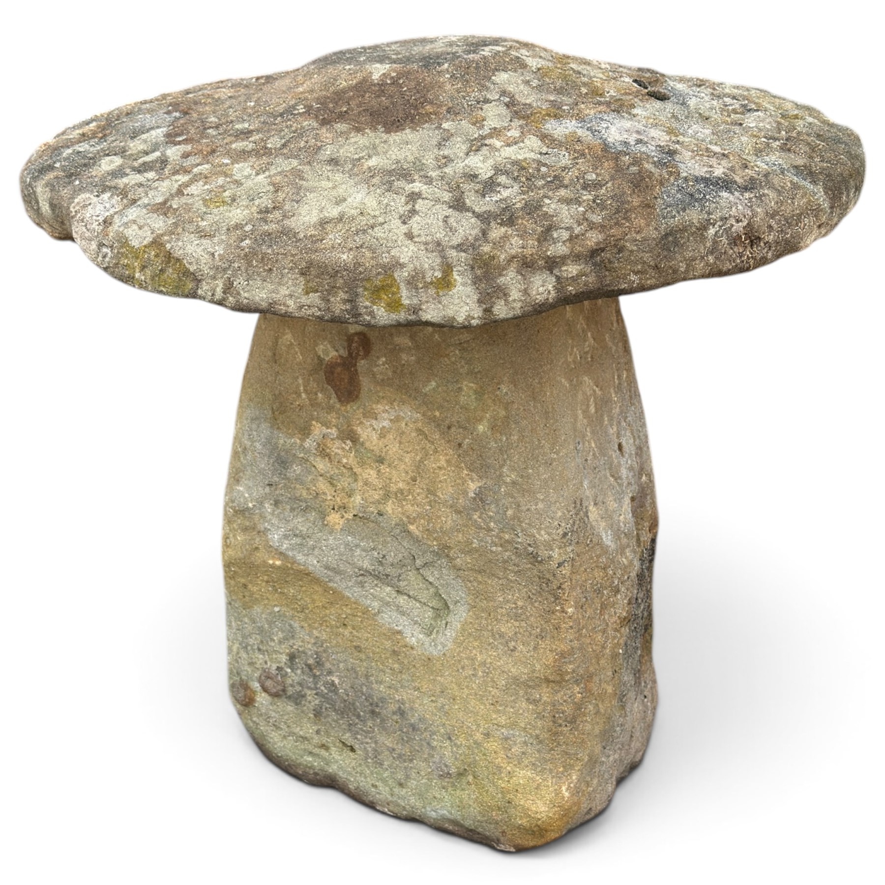 Pair of 19th century weathered hewn sandstone two-piece staddle stones, domed circular top over a tapering base