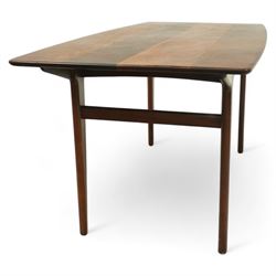 John Herbert for A. Younger  - Mid-century afrormosia teak Volnay dining table, of rectangular form with chamfered edges raised on tapering legs united by rounded stretchers, together with four afrormosia Volnay dining chairs with a gently curved top rail over triple splat open back on square tapering legs united by stretchers reupholstered in cream vinyl, chairs W50xD42xH88cm