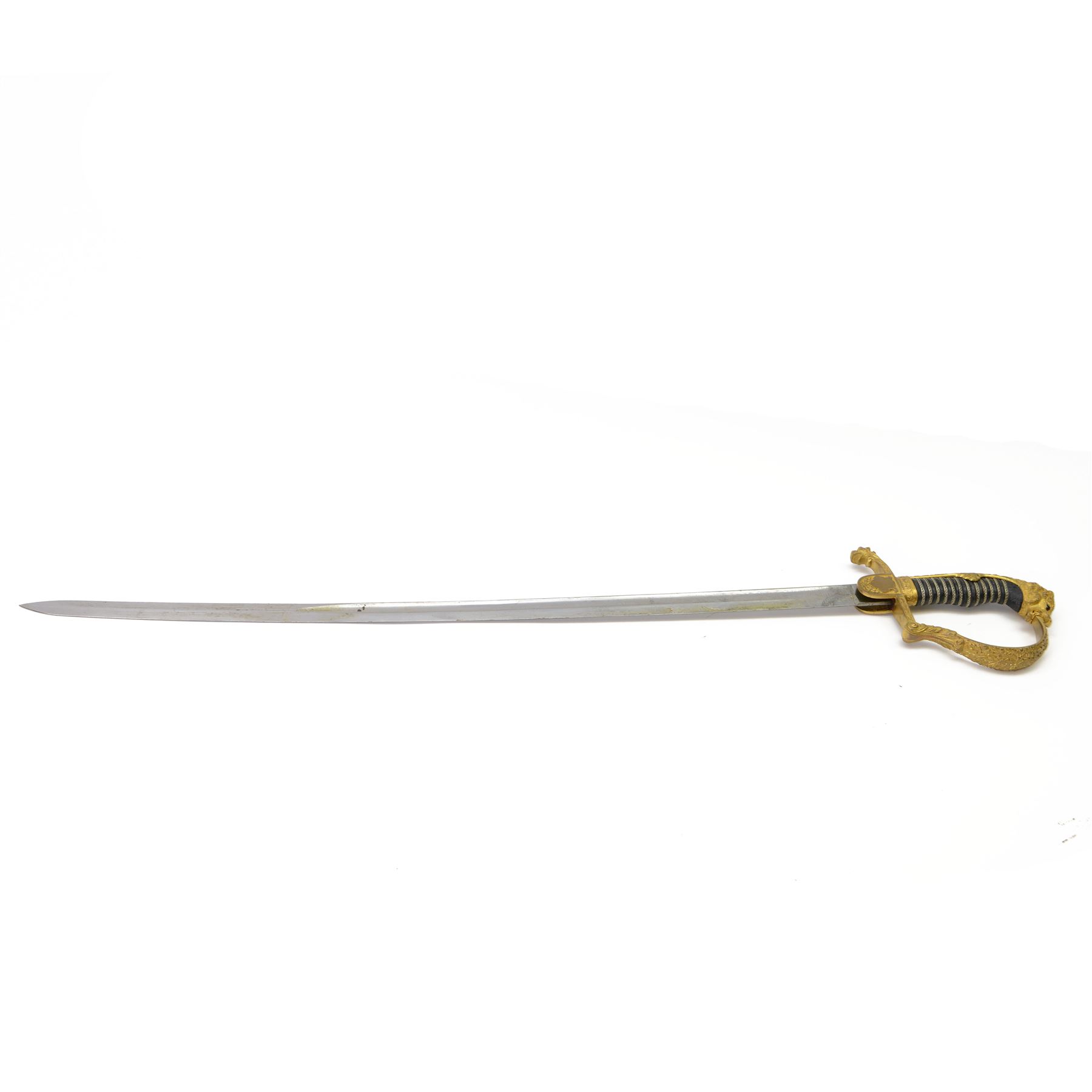 Prussian cavalry officer's sword, with 79cm etched curved blade double-edged towards the point, crossed swords insignia to langet, stirrup knuckle bow, wirebound black grip and lion's head pommel with inset ruby eyes and lion head to the quillon, in black painted steel scabbard with single suspension ring, overall L97cm