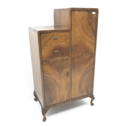  Early 20th century Art Deco style walnut gentleman's stepped wardrobe, two cupboards and two drawers, carved cabriole feet, W80cm, H140cm, D55cm  