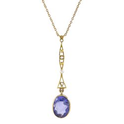 Early 20th century gold single stone oval cut sapphire, suspending from a pearl and diamond set pendant, on trace link chain necklace, stamped 15ct, sapphire approx 3.15 carat
