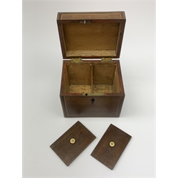 A George III mahogany cube tea caddy, with strung detail, the hinged cover open to reveal a twin compartmented interior, L13 H11.5cm. 