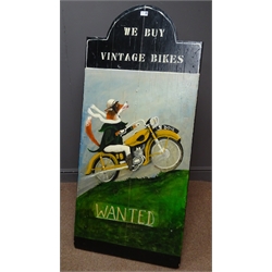  Traditional 'A' frame advertising board depicting a fox riding a motor bike, 'We buy vintage bikes', W64cm, H141cm  