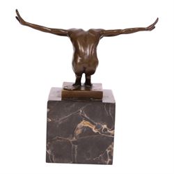 After Milo - bronze figure of a diver, upon a two tone marble base, bearing signature and foundry mark, overall 15cm
