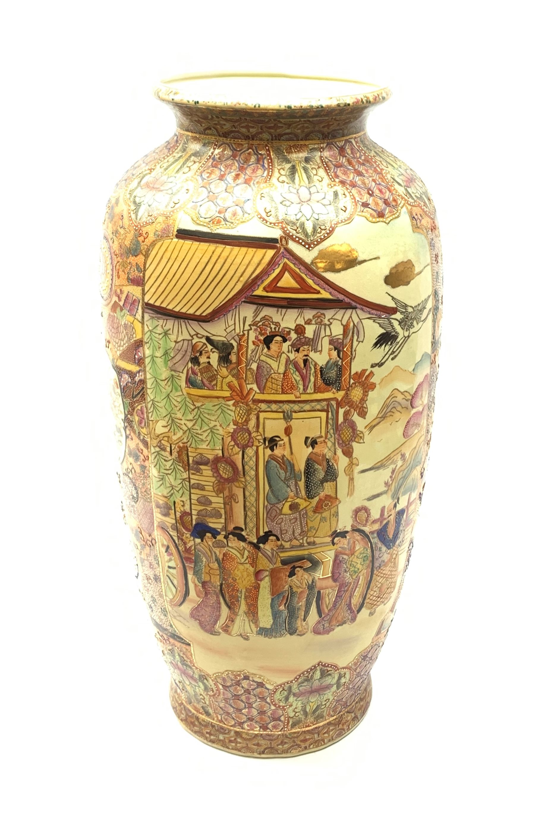 A large Chinese floor standing vase, of slender ovoid form, decorated with two shaped panels containing a figural scene, with profusely detailed surround, with mark beneath, H62cm. 