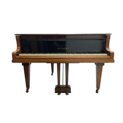  Antonin Petrof - Walnut overstrung baby grand piano, 7 0catve 85 key compass with original strings, tuning pins, damper felts and hammer heads, with roller keyboard action and iron frame, sustaining and una-corda pedals, sliding open lattice music desk, supported on square tapering legs with brass cups and castors, with inner ebonised key fall and ivorine label inscribed 'Supplied by Harrods, London'.