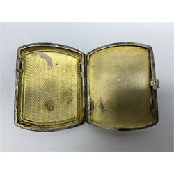 Early 20th century Continental erotic cigarette case, the silver-plate body of curved rectangular form with cover decorated with painted enamel street scene depicting young boy in squatting position lighting a cigarette shielded from the wind by his girlfriend, who is lifting the skirt of her dress up over him, with gilt interior, L9cm