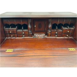 Georgian style mahogany bureau, sloped hinged lid with fitted interior, two short and three long drawers, bracket feet