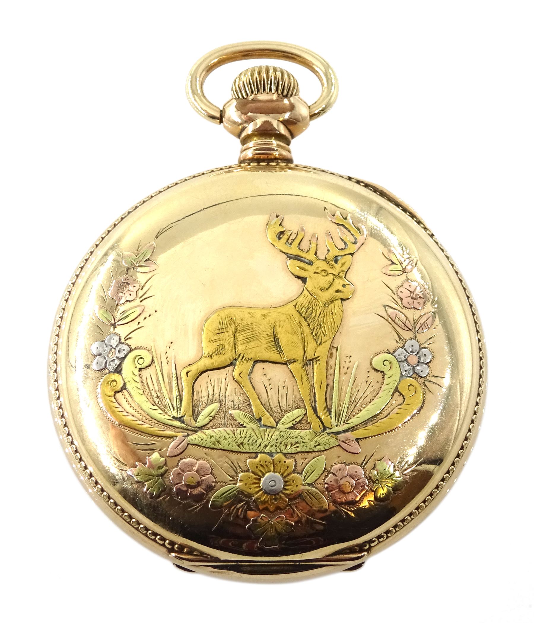 American gold-plated full hunter, 21 jewels keyless pocket watch by Hampden Watch Co, No. 1406468, the movement signed 'North American Railway', white enamel dial with Arabic numerals and subsidiary seconds dial, the case front decorated with applied cartouche and coloured flowers, the reverse depicting a stag within a floral wreath