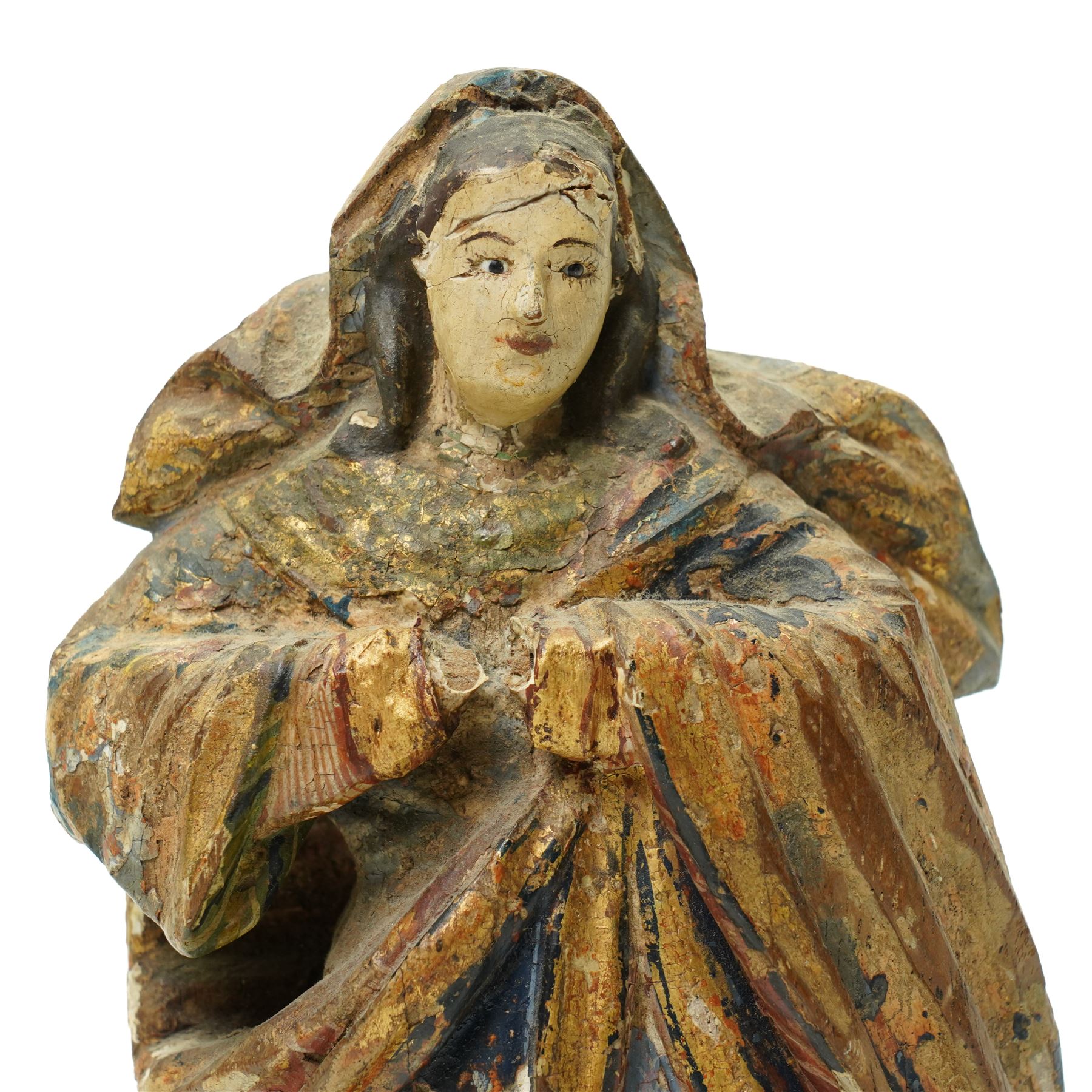 18th century Spanish Colonial Andean polychrome painted and carved giltwood figure of the Virgin of the Immaculate Conception, standing in prayer upon a crescent moon and cherub heads H29cm