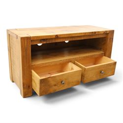 Indigo Furniture - rustic oak media cabinet, rectangular top over open shelf, two drawers fitted to base