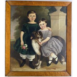 English Primitive / Naïve School (19th century): Two Girls with their Dog, oil on canvas unsigned 104cm x 90cm