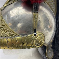 French 1874 Pattern Dragoon trooper's helmet with original liner and extra long criniere; stamped 10 DR with other numbers and Alexis Godilllo to the back of the helmet