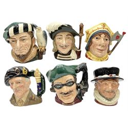Six Royal Doulton character jugs, comprising Field Marshall Montgomery D6908 limited edition 10/2500, Aramis D6441, Dick Turin D6528, The Falconer D6533, Beefeater D6206 and The Red Queen D6777