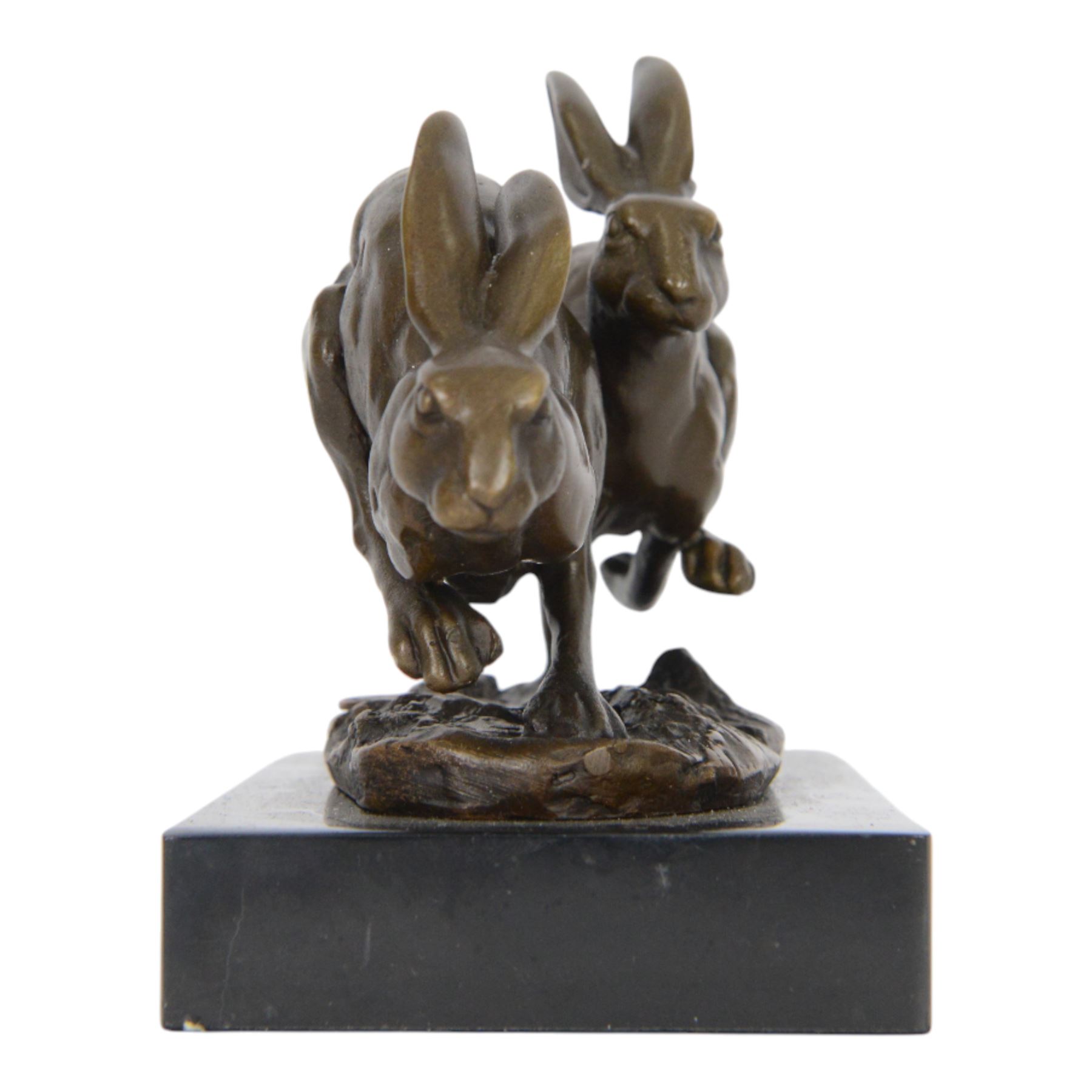 Bronze figure group, modelled as two hares in chase, signed Nick, with foundry mark, upon a rectangular base, H11cm L15cm