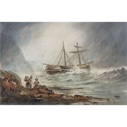 Henry Barlow Carter (British 1804-1868): Shipwreck at Cornelian Bay with Scarborough Lighthouse in the distance, watercolour with scratching out unsigned 21cm x 32cm