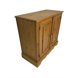 Rustic pine cupboard, fitted with two panelled doors enclosing two shelves