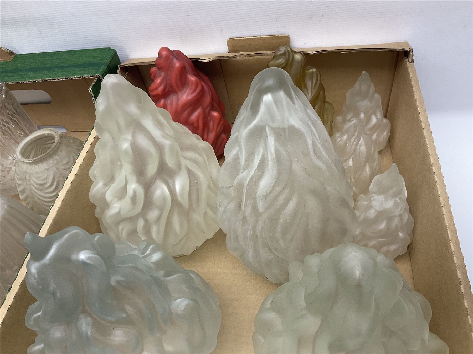 Five frosted glass Flambe lamp shades, together with three similar smaller examples and two coloured examples, and a quantity of other glass lampshades