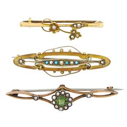 15ct gold pearl flower brooch, Chester 1907, peridot and pearl brooch and a turquoise and pearl brooch, both stamped 9ct