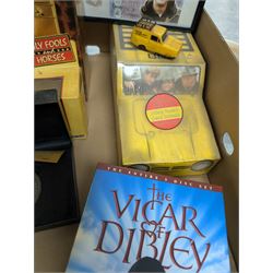 Collection of Only Fools and Horses memorabilia, including Westminster Mint limited edition fifty pence coin set, DVD box set, Corgi Reliant Regal, playing cards, framed bank notes, Griffin Cartoon of the bar scene, etc, together with a Vicar of Dibley DVD box set