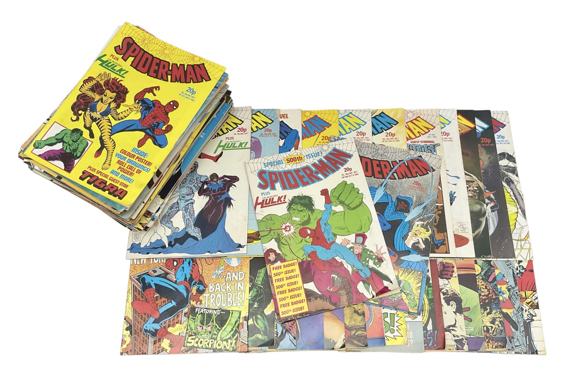 Spider-Man comics (1982-1985) nos 500-527, 529-535, 537-552, 579-602, 604-614, 620-626, and 628-631 (97)