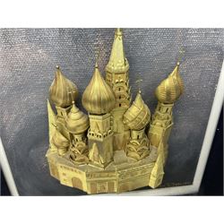 William Tolliday yellow metal study of a Russian Church, upon painted background within velvet and gilt wood frame, signed and dated to corner, H31cm