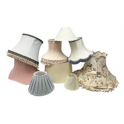 Collection lampshades in various styles, to include pleated examples, tasseled detail, floral design etc
