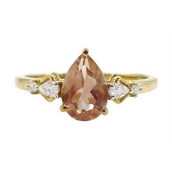 9ct gold single stone pear cut morganite ring, with white zircon set shoulders, hallmarked