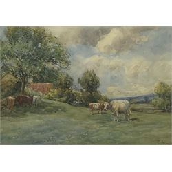 John Atkinson (Staithes Group 1863-1924): Cattle Grazing, watercolour signed 18cm x 53cm