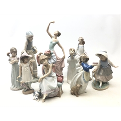  A group of four Lladro figurines, together with six Nao figurines, (some a/f), highest example H34.5cm.   