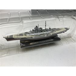 DeAgostini Atlas Editions - HMS Anson, HMS Exeter, HMS Renown, HMS Nelson, HMS Warspite, HMS Hood, Bismark, and USS Saratoga, all boxed; DeAgostini - Gneisenau, Blucher, and Prinz Eugen, packaged; together with ten further DeAgostini battleships, unboxed, and a Gilbow RMS Olympic model, boxed (qty)