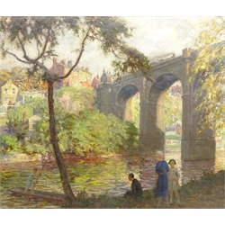  Frederick (Fred) Stead (British 1863-1940): Knaresborough with a Steam Train crossing the Viaduct, oil on canvas signed 75cm x 90cm  