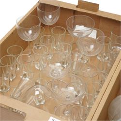 Five ribbed glass vases, glass carafes, pair of Dartington candlesticks and other glass