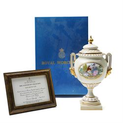 Royal Worcester Elizabeth Vase, H21cm; together with a Royal Crown Derby rectangular serving dish, painted with a shipping scene by WEJ Dean, W28cm, a Davenport plate painted with St Michaels Mount, D24cm, and a Minton plate painted with fruit by F Walklett, D23cm (4)