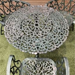 Cast aluminium garden table and three chairs painted in green - THIS LOT IS TO BE COLLECTED BY APPOINTMENT FROM DUGGLEBY STORAGE, GREAT HILL, EASTFIELD, SCARBOROUGH, YO11 3TX