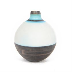 Richard Baxter; studio pottery vase in blue tones with metallic bands, H12cm  
